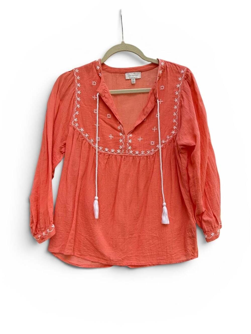 Lucky Brand Embroidered Tassel Peasant Blouse Coral Size S